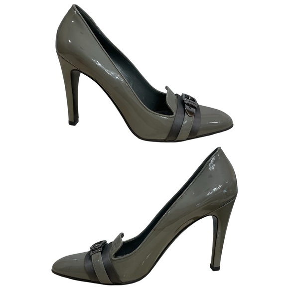 GUCCI Olive Green Gray Patent Leather Buckle Pumps US 9 - Picture 5 of 14